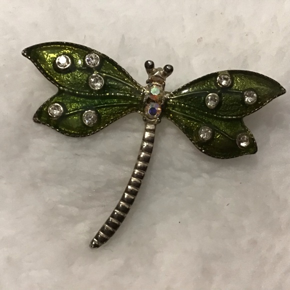Dragonfly Green Enamel Brooch Rhinestones - Picture 1 of 4